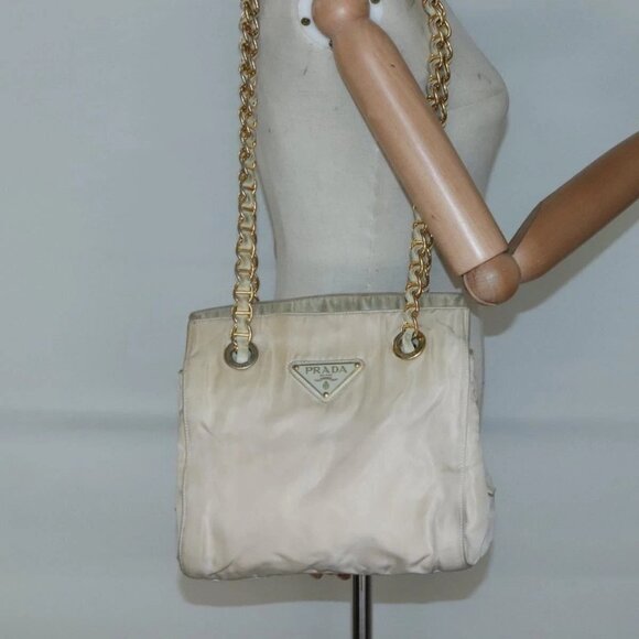 PRADA Chain Shoulder Bag Nylon Beige Gold Auth SW1015 - Picture 3 of 16